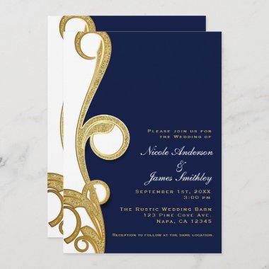 White Gold Navy Blue Chic Elegant Swirl Wedding Invitations