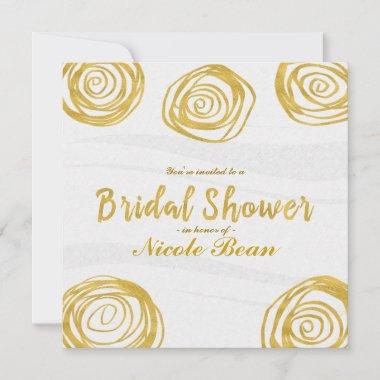 White & Gold Swirl Roses Modern Bridal Shower Invitations