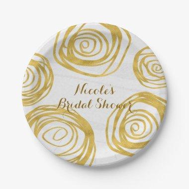 White & Gold Swirl Roses Modern Bridal Shower Paper Plates