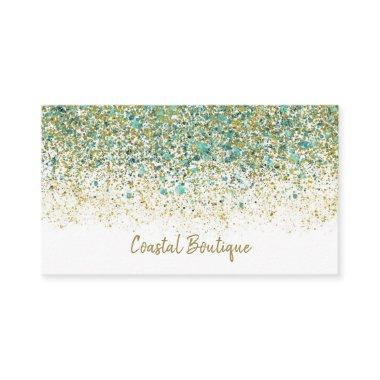 White Gold & Teal Blue Glitter Modern Coastal Glam Business Invitations