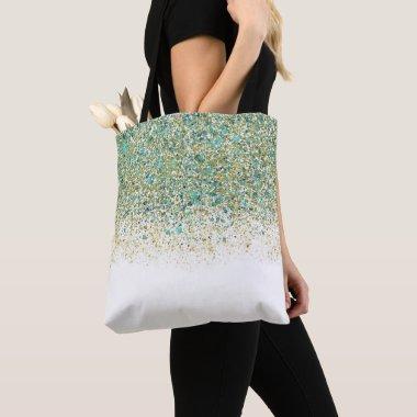 White Gold & Teal Blue Glitter Modern Coastal Glam Tote Bag