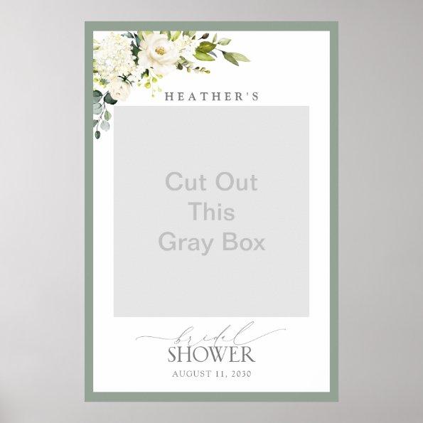 White Gray Green Floral Bridal Shower Photo Booth Poster