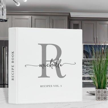 White Gray Stylish Script Monogram Cookbook Recipe 3 Ring Binder