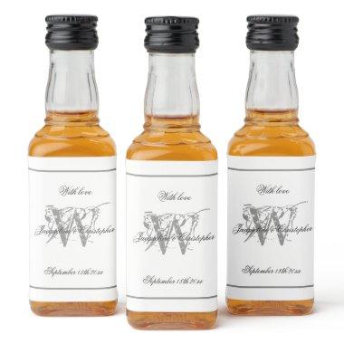 White & Gray Stylish Wedding Elegant Monogram Mini Liquor Bottle Label