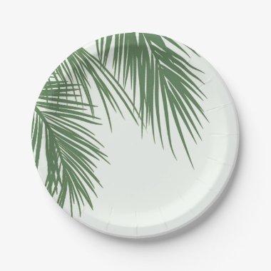 White Green Elegant Tropical Palm Leaves Wedding Paper Plates