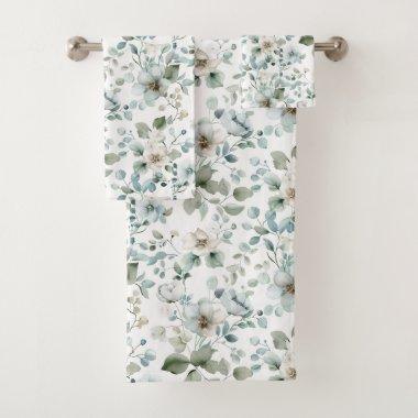 White Green Floral Eucalyptus Greenery Watercolor Bath Towel Set