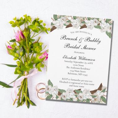 White Green Floral Magnolias Elegant Bridal Shower Invitations