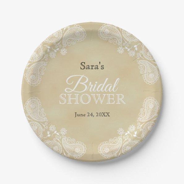 White Hand Drawn Paisley, Rustic Bridal Shower Paper Plates