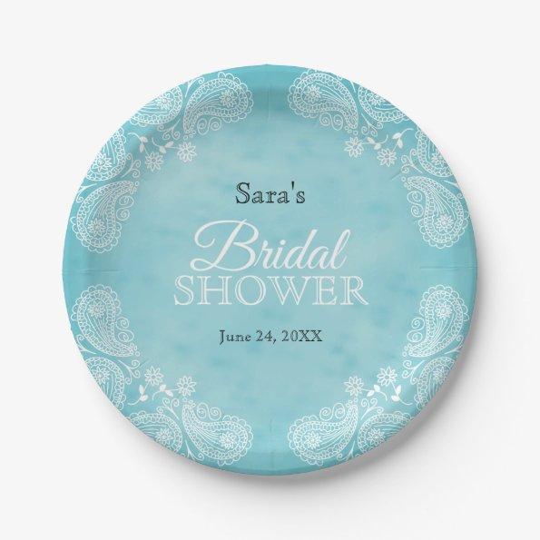 White Hand Drawn Paisley Teal Rustic Bridal Shower Paper Plates