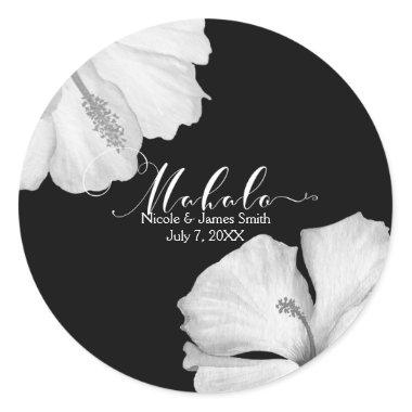 White Hibiscus Black Tropical Wedding Favor Mahalo Classic Round Sticker