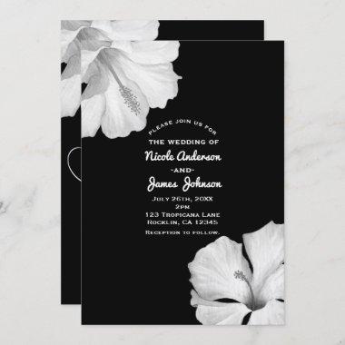 White Hibiscus Black Tropical Wedding Invitations