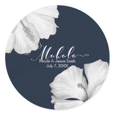 White Hibiscus Blue Tropical Wedding Favor Mahalo Classic Round Sticker