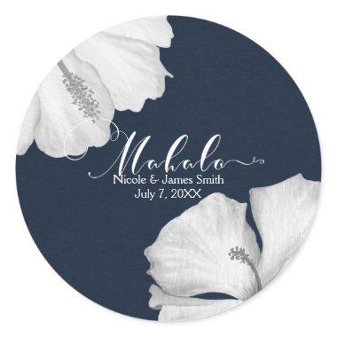 White Hibiscus Blue Tropical Wedding Favor Mahalo Classic Round Sticker