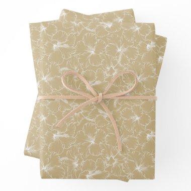 White Hibiscus Floral on Gold Wrapping Paper Sheets