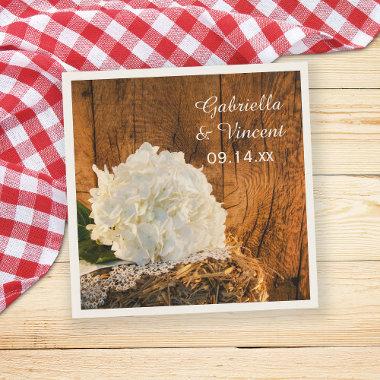 White Hydrangea and Barn Wood Country Wedding Paper Napkins