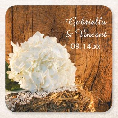 White Hydrangea and Barn Wood Country Wedding Square Paper Coaster