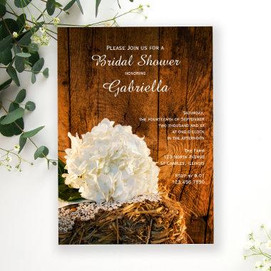 White Hydrangea Barn Wood Country Bridal Shower Invitations
