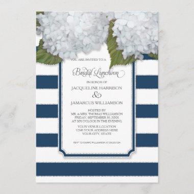 White Hydrangea Bridal Luncheon Navy Blue Stripe Invitations