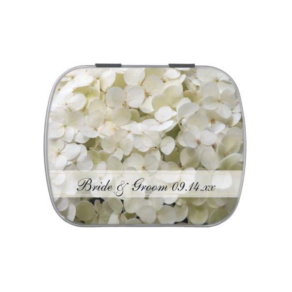 White Hydrangea Flower Wedding Favor Jelly Belly Candy Tin