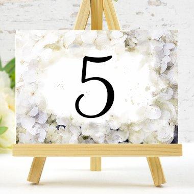 White Hydrangea Flowers Watercolor Table Numbers