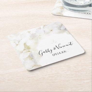 White Hydrangea Flowers Watercolor Wedding Square Paper Coaster