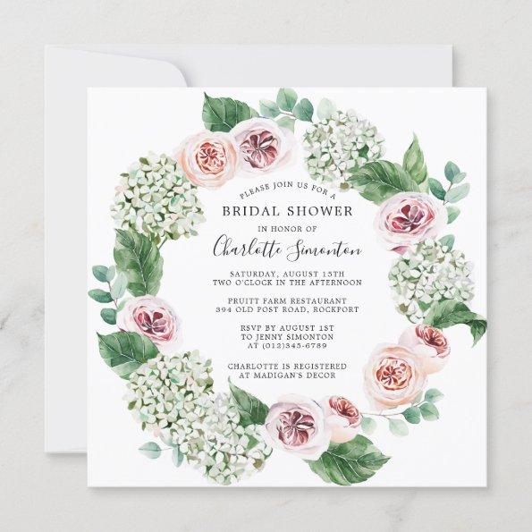 White Hydrangea Pink Rose Floral Bridal Shower Invitations