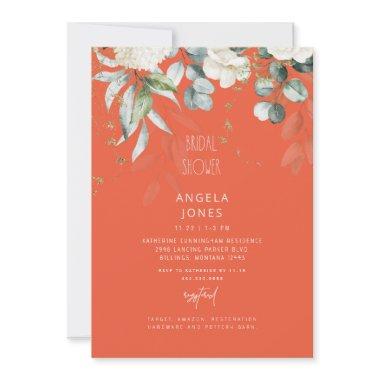 White Hydrangea Tangerine Bridal Shower Invitations