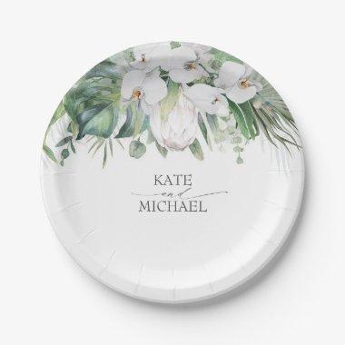 White King Protea and Orchids Tropical Wedding Paper Plates