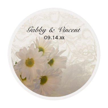 White Lace and Daisies Wedding Edible Frosting Rounds