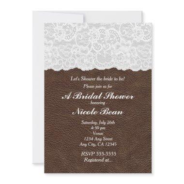 White Lace & Brown Leather Rustic Bridal Shower Invitations