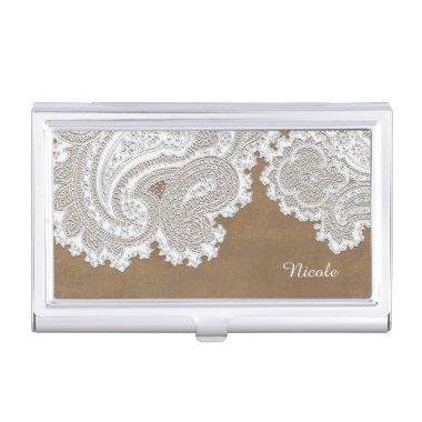 White Lace & Brown Rustic Business Invitations Holder