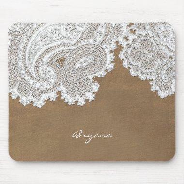 White Lace & Brown Rustic Chic Elegant Country Mouse Pad