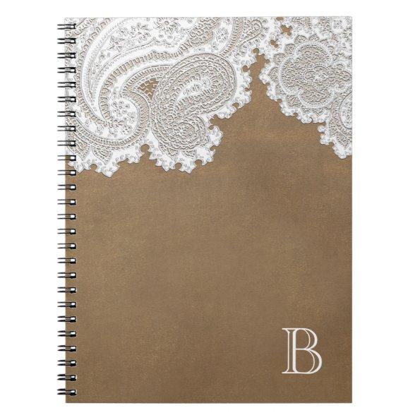 White Lace & Brown Rustic Chic Elegant Notebook
