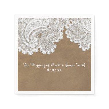 White Lace & Brown Rustic Chic Elegant Wedding Paper Napkins