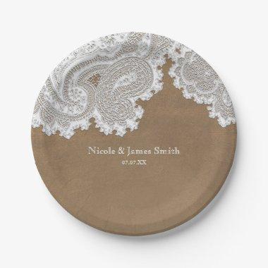 White Lace & Brown Rustic Chic Elegant Wedding Paper Plates