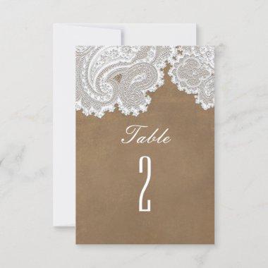 White Lace & Brown Rustic Wedding Table Number