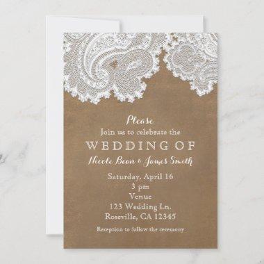 White Lace & Brown Suede Rustic Chic Wedding Invitations