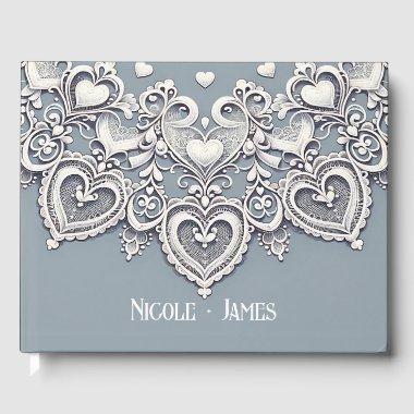 White Lace Hearts Romantic Charm  Guest Book