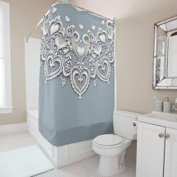 White Lace Hearts Romantic Charm Elegant Blue Shower Curtain