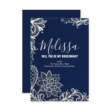 white lace navy blue will you be my bridesmaid Invitations