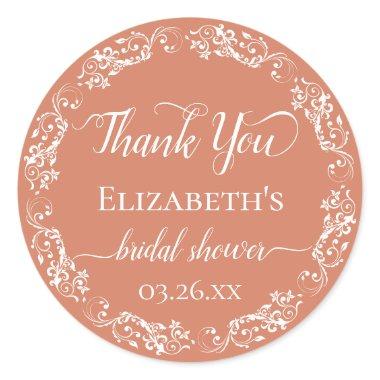 White Lace on Coral Orange  Thank You Classic Round Sticker