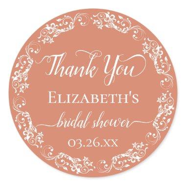 White Lace on Coral Orange Bridal Shower Thank You Classic Round Sticker