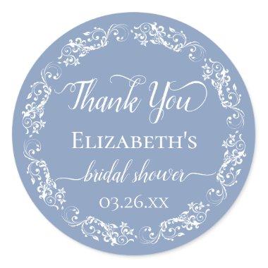 White Lace on Dusty Blue Bridal Shower Thank You Classic Round Sticker
