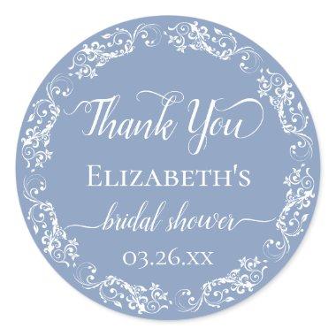 White Lace on Dusty Blue  Thank You Classic Round Sticker