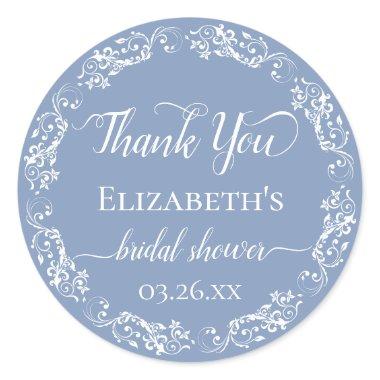 White Lace on Dusty Blue Bridal Shower Thank You Classic Round Sticker