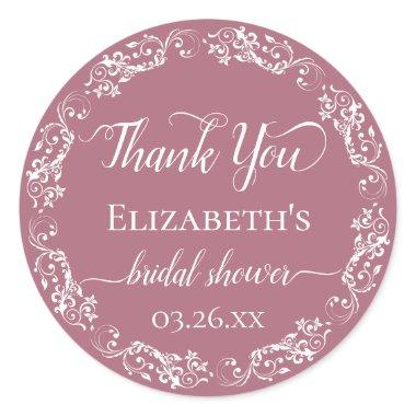 White Lace on Dusty Rose Bridal Shower Thank You Classic Round Sticker