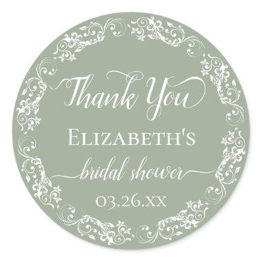 White Lace on Sage Green  Thank You Classic Round Sticker