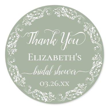 White Lace on Sage Green Bridal Shower Thank You Classic Round Sticker