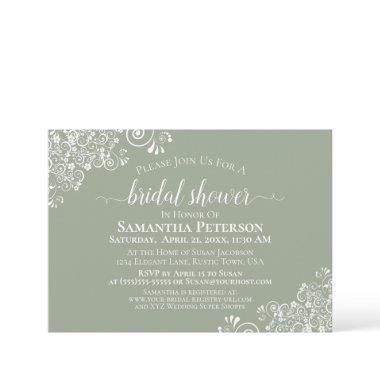 White Lace on Sage Green Elegant Bridal Shower Invitations