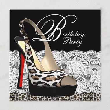 White Lace Red Leopard Birthday Party Invitations